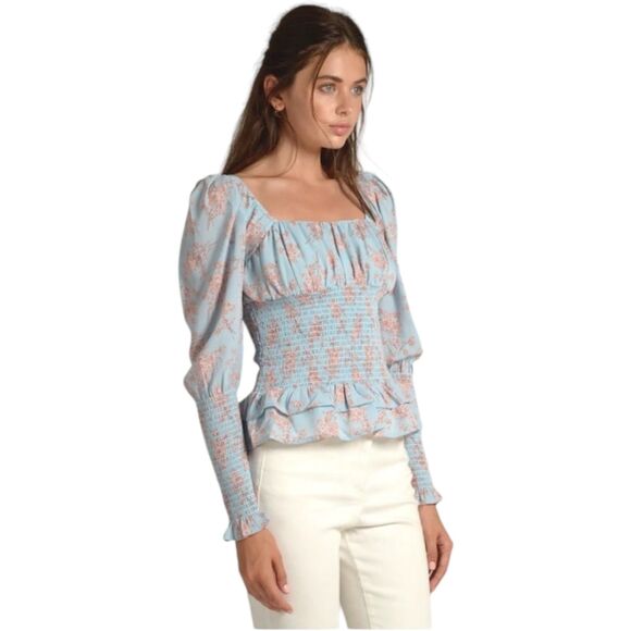 Cistar 90112 Blue Pink Floral Print Square Neck Smocked Top Women's Large - Picture 2 of 9